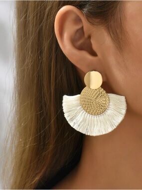 Gold and Cream Tassel Fan Drop Earrings - Women Jewelry